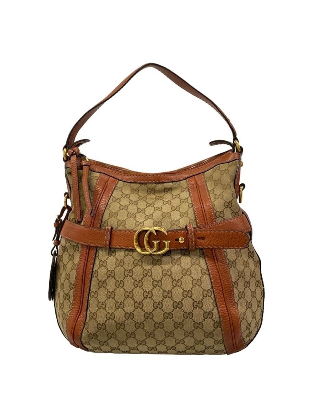 Gucci Handbag GG Pattern Beige Dark Brown Leather